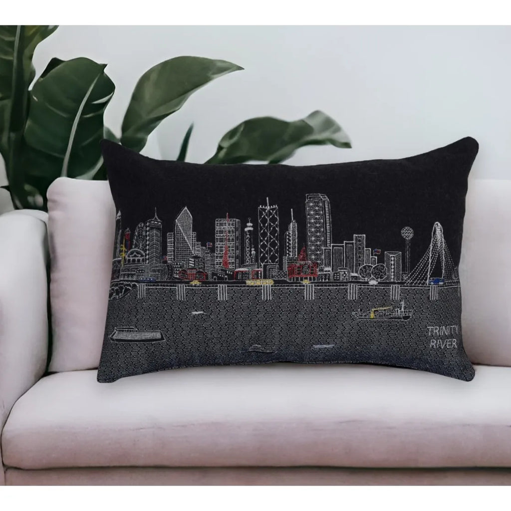 HMS 25\" Black Dallas Nighttime Skyline Decorative Lumbar Pillow Geometric Leaf Pattern Linen Fabric for Home Patio Outdoor Use