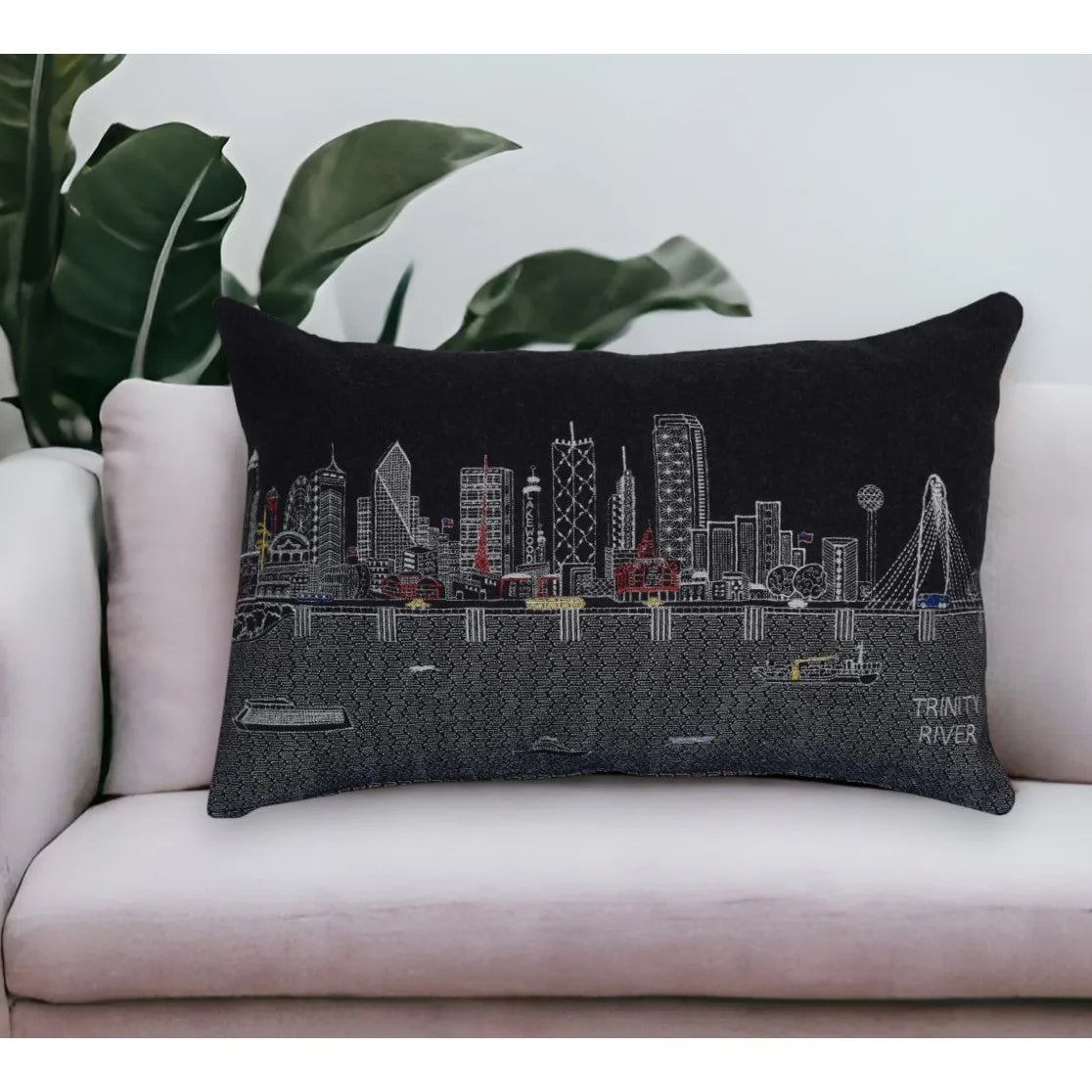 HMS 25\" Black Dallas Nighttime Skyline Decorative Lumbar Pillow Geometric Leaf Pattern Linen Fabric for Home Patio Outdoor Use