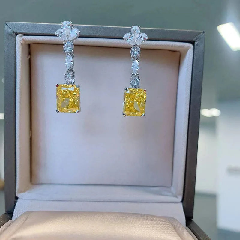 International Station Diamond Earrings Yellow Fancy Emerald Cut White Gold GIA Certified Wedding Jewelry Women's Classic Style