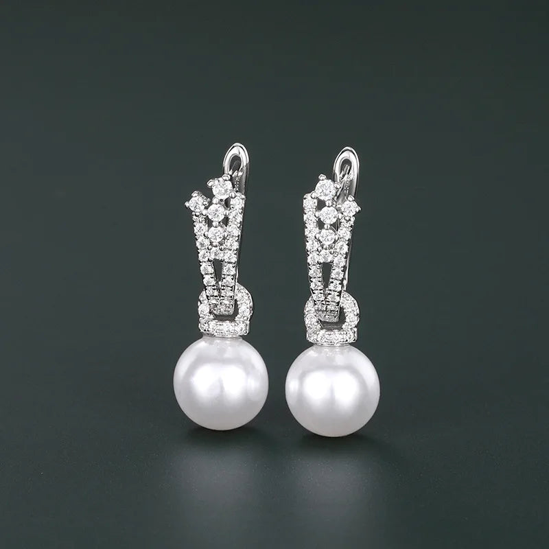 Classic Akoya Pearl Ball Shape Earrings 925 Silver Rhodium Plated Round White AAA Pave Setting Studs for Wedding Women's Jewelry