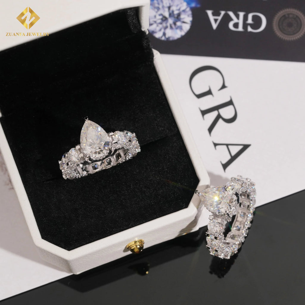 US Local Stock Warehouse Moissanite Jewelry Rings Unisex Men Women Iced Out Pear Shaped Cut Moissanite 925 Sterling Silver