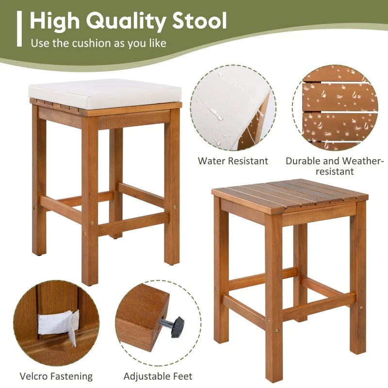 5 Piece Outdoor Bar Set,Patio Acacia Wood Bar Height Table & Four Stools with Cushions,Wood Dining Bar Set for Backyard,Balcony