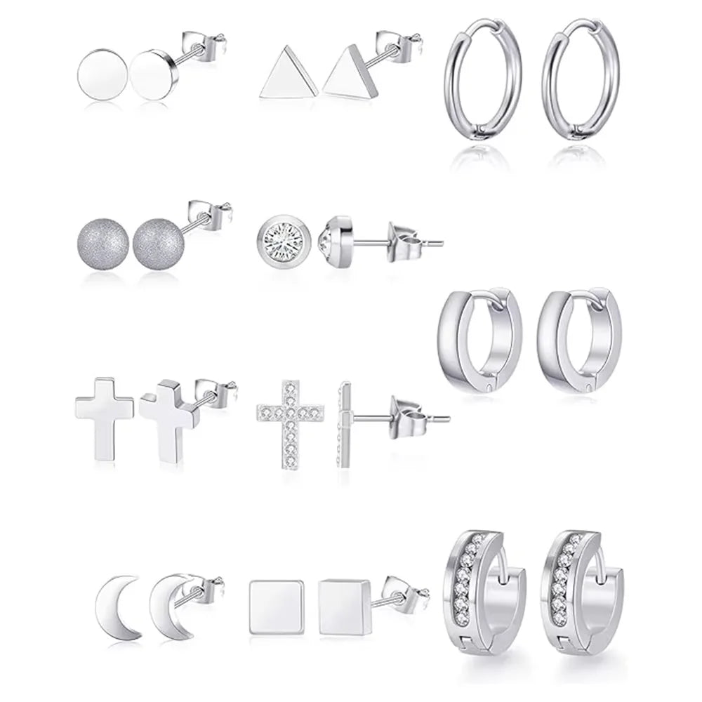 11 Piece Geometric Stainless Steel Stud Earrings Set Minimalist Modern Luxury Elegant Unisex Daily Versatile Jewelry Accessories