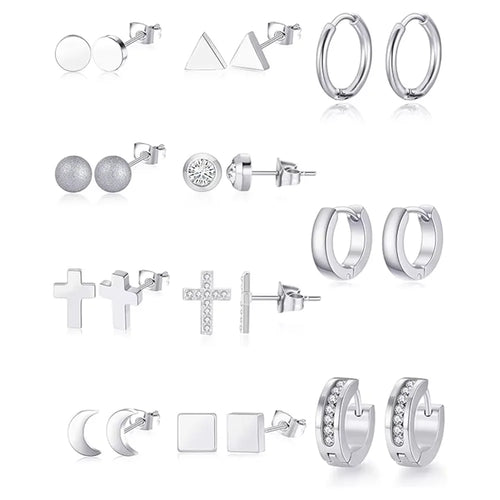 11 Piece Geometric Stainless Steel Stud Earrings Set Minimalist Modern Luxury Elegant Unisex Daily Versatile Jewelry Accessories