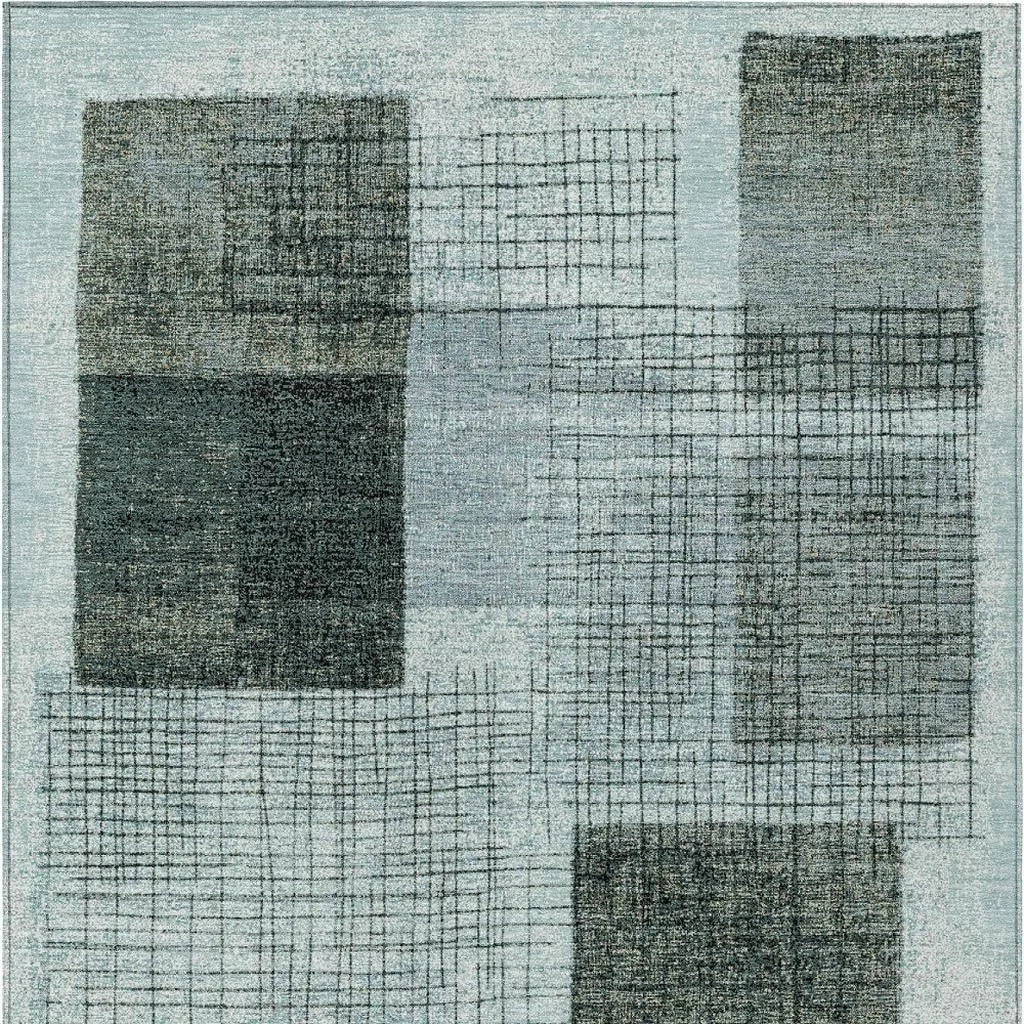 HMS 9' X 12' Teal Blue and Gray Geometric Indoor Outdoor Area Rug Washable Carpet