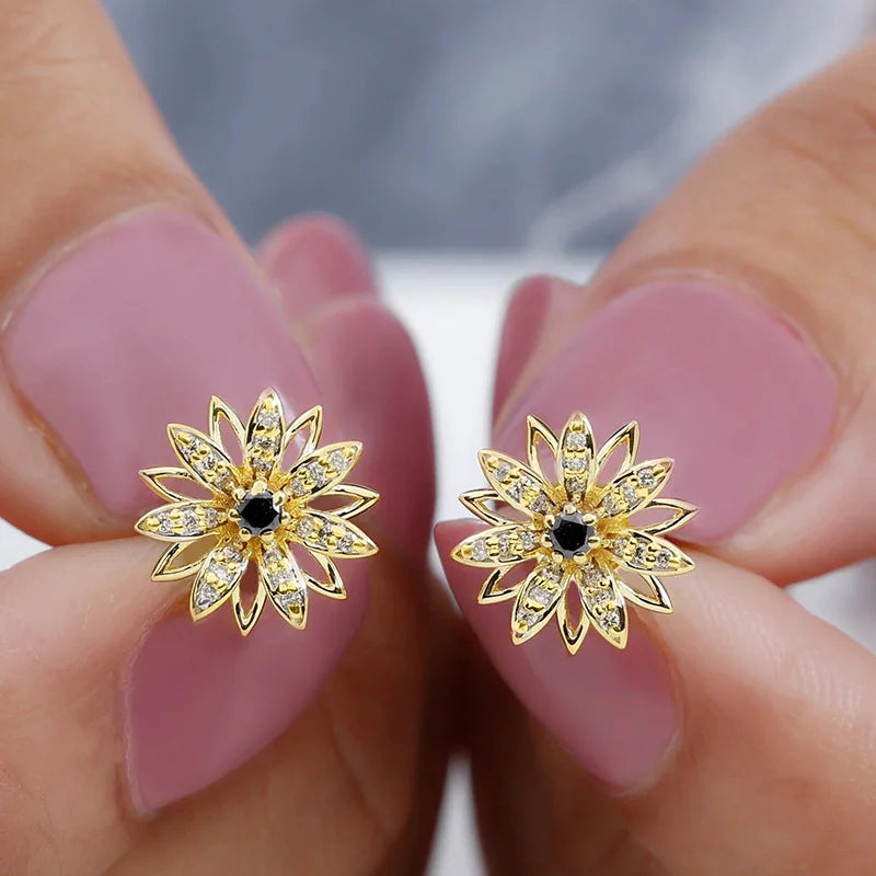 E4033 White Gold Flower Stud Earrings With Round Zircon Prong Setting For Women Classic Fashion Jewelry