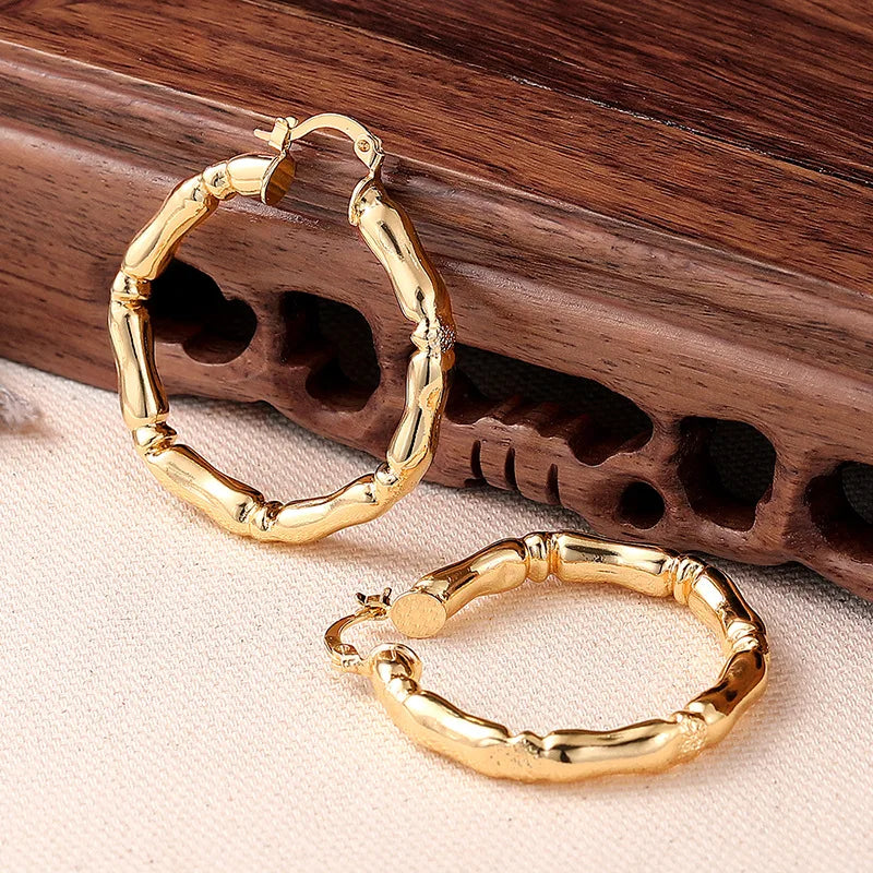 Golden Bamboo Hoop Earrings with Pearl 18K Solid Gold Unisex Everyday Wear Fine Jewelry