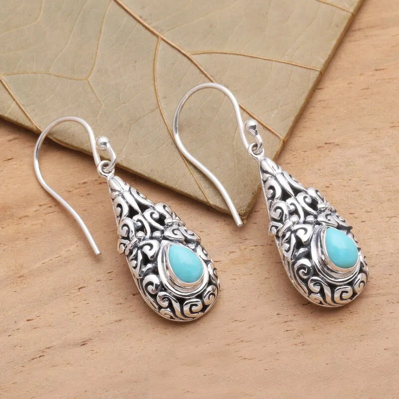 E4577 Vintage Drop Earrings Tibetan Silver Alloy Water Drop Shape Antique Silver Turquoise Bezel Setting Women's Fashion Jewelry