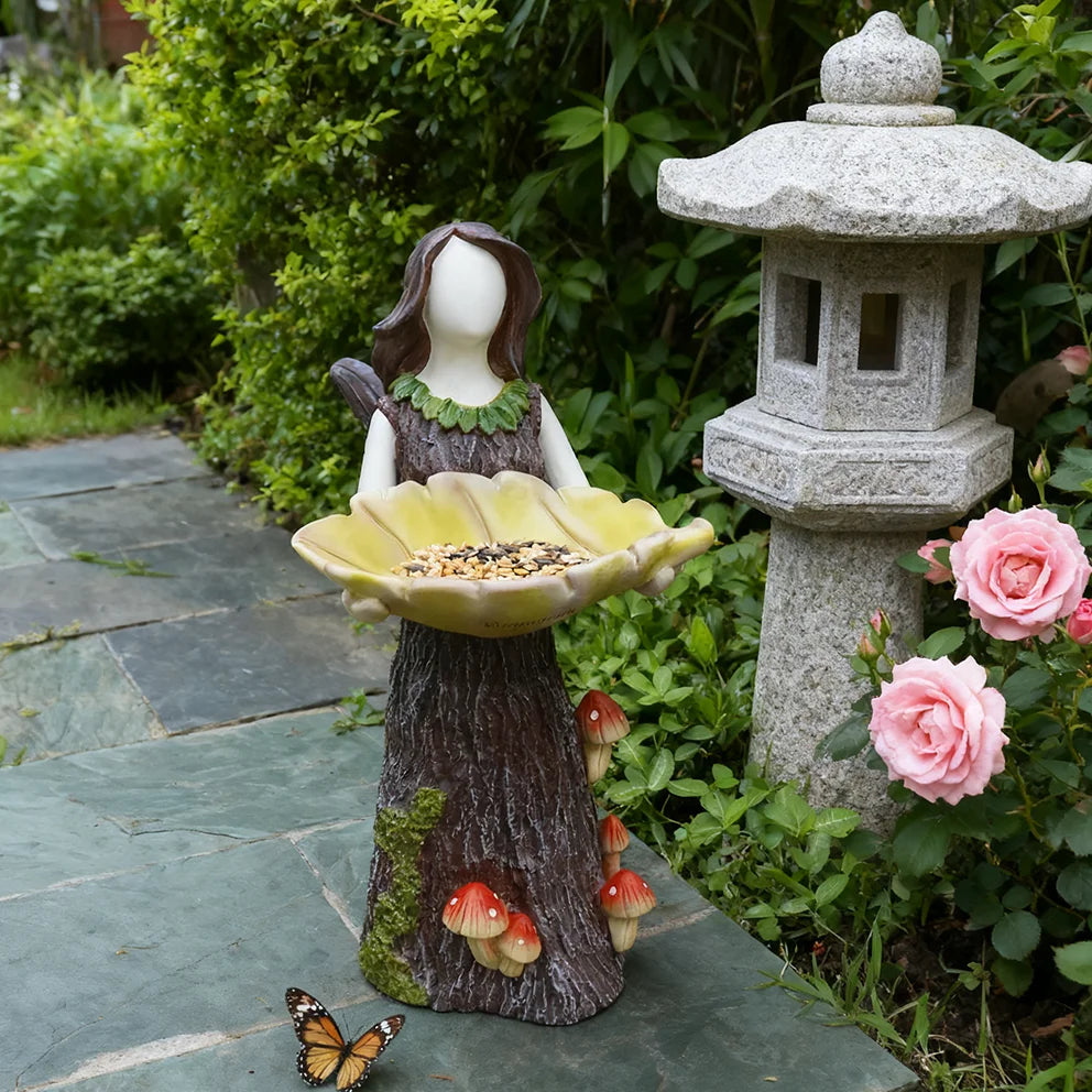 Enchanted Fairy Bird Feeder Resin Sculpture, Whimsical Garden Decor for Outdoor Patio, Magical Feeding Station for Wild Birds