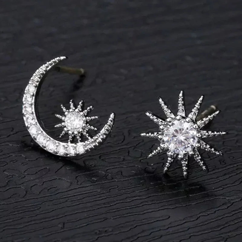 Star And Moon Stud Earrings 925 Silver White Gold Plated Crystal Rhinestone Minimalist Everyday Wear Women's Jewelry