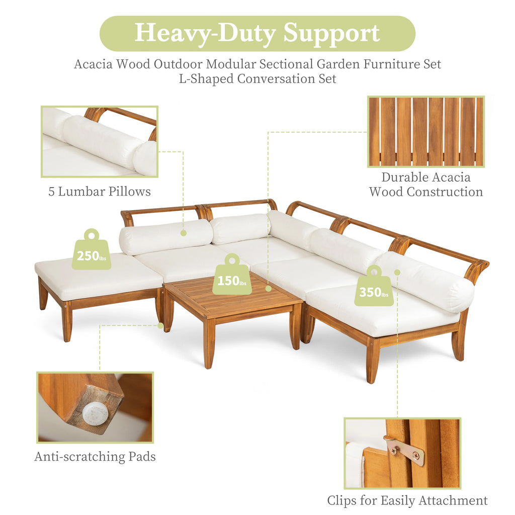 6-Piece Acacia Wood Outdoor Patio Sofa Set Contemporary Design Eco-Friendly Durable Waterproof Modular Sectional Courtyard Park