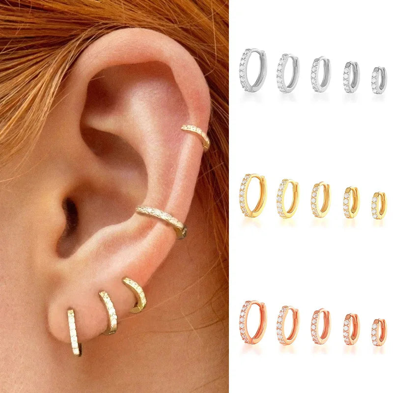 Rose Gold Plated Ear Cartilage Hoop Earrings With Cubic Zirconia Geometric Design For Daily Wear Unisex Fashion Jewelry