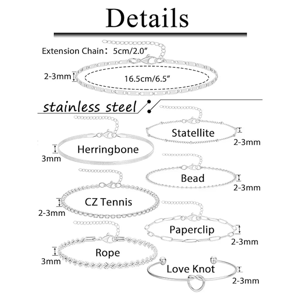 ZF 8-Piece Stainless Steel Silver Chain Link Bracelet Bangle Set Versatile Elegant Daily Jewelry Accessories