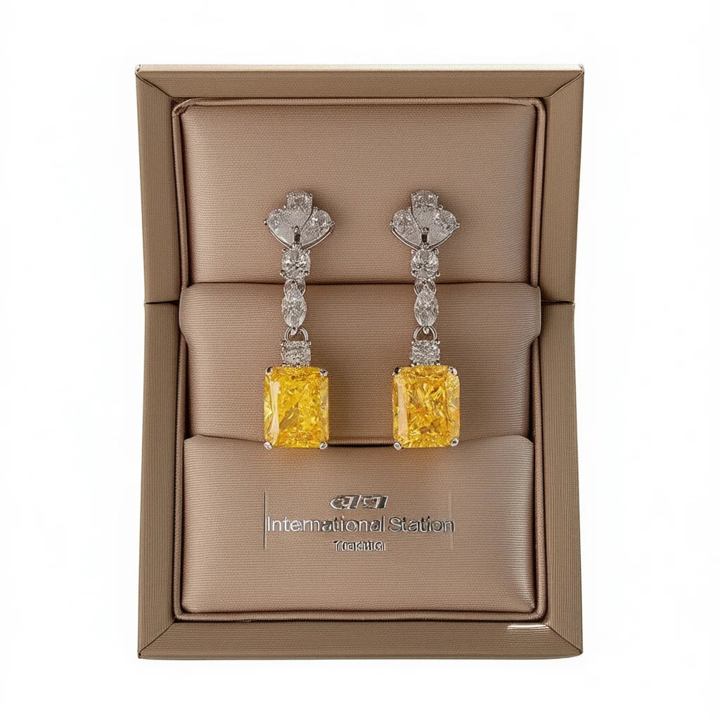 International Station Diamond Earrings Yellow Fancy Emerald Cut White Gold GIA Certified Wedding Jewelry Women's Classic Style