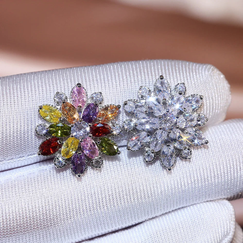 Luxury Snowflake Stud Earrings Crystal Rhinestone Claw Setting For Women Wedding Jewelry Pink Color