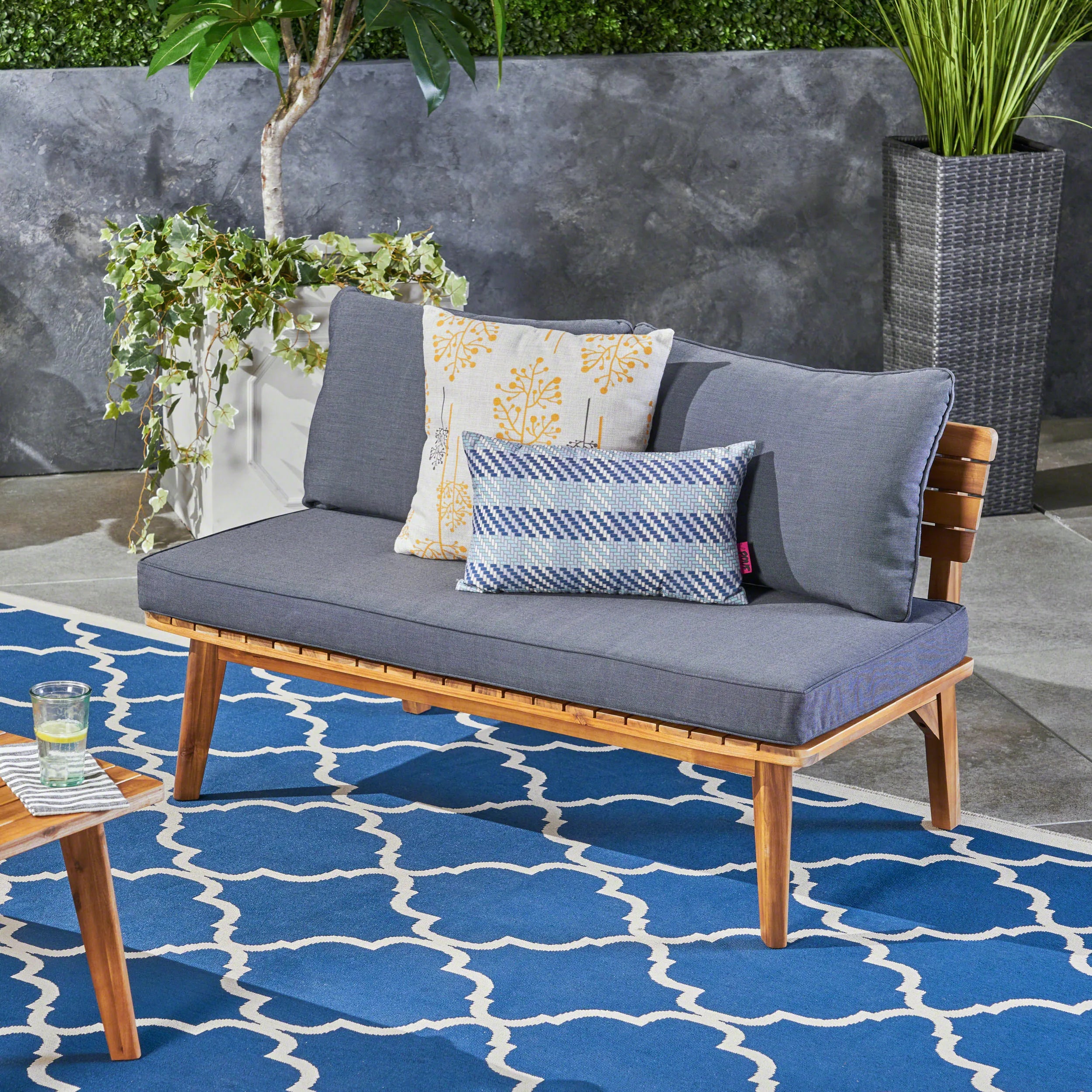 Modern Outdoor Patio Furniture Garden Set Loveseat Solid Wood & Fabric