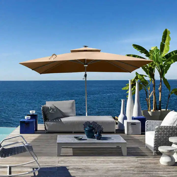 Modern Design Aluminum Wood Grain Powder Coated Pole Outdoor Parasol Umbrella for Patio Courtyard Hotel or Park Furniture