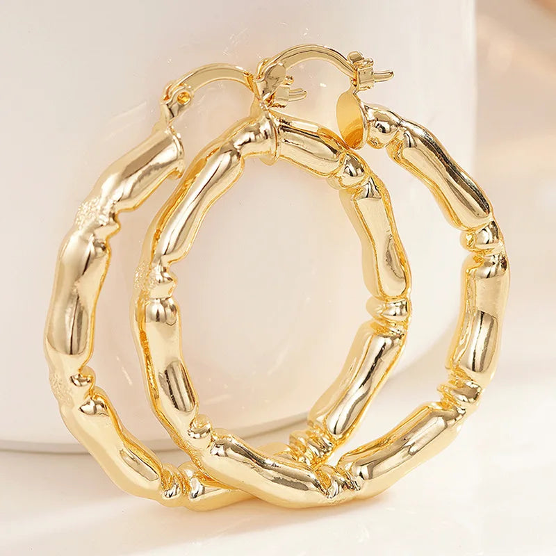 Golden Bamboo Hoop Earrings with Pearl 18K Solid Gold Unisex Everyday Wear Fine Jewelry