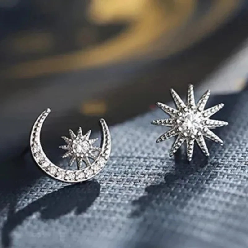 Star And Moon Stud Earrings 925 Silver White Gold Plated Crystal Rhinestone Minimalist Everyday Wear Women's Jewelry