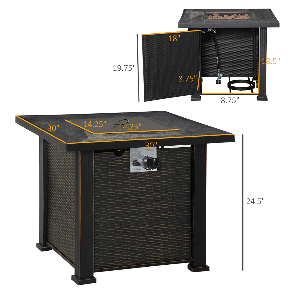 Outdoor Propane Gas Fire Pit Table, Auto-Ignition Square Wicker-effect Gas Firepit with Ceramic Tabletop