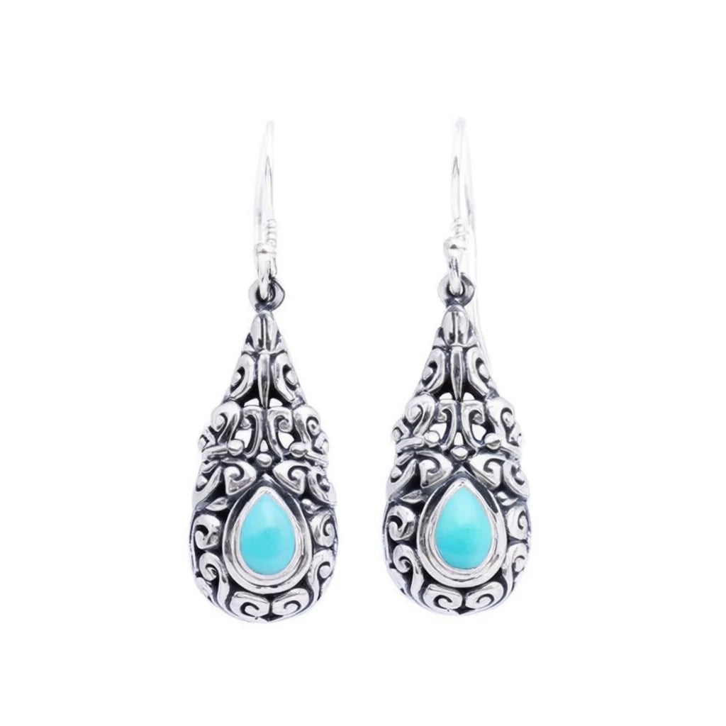 E4577 Vintage Drop Earrings Tibetan Silver Alloy Water Drop Shape Antique Silver Turquoise Bezel Setting Women's Fashion Jewelry