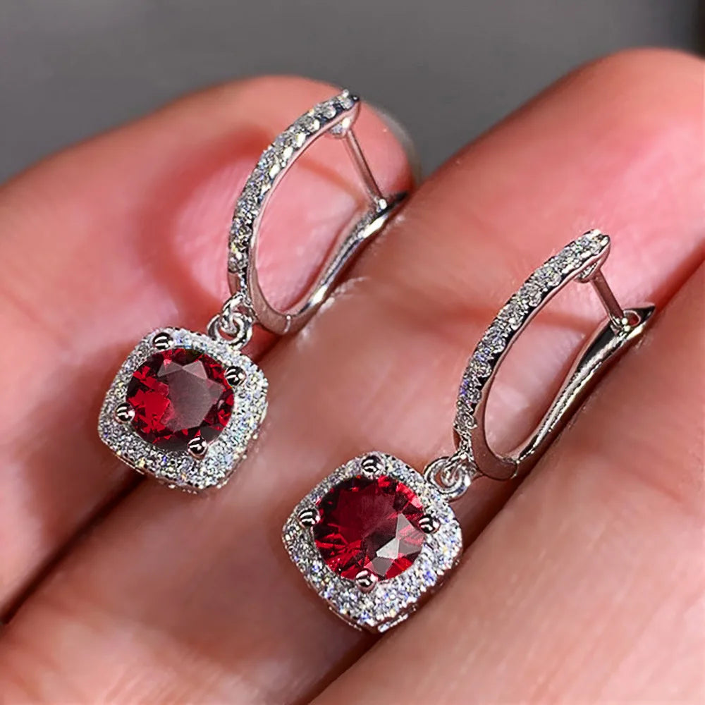 E1810 Rose Gold Hoop Earrings With Diamond Square Pendant Claw Setting Luxury Women's Wedding Fine Jewelry