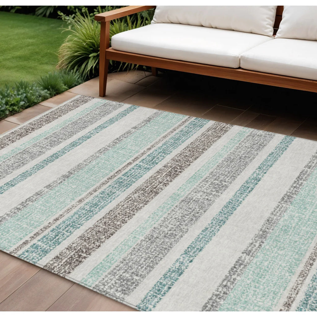 HMS 10' X 14' Teal Blue and Gray Striped Washable Indoor Outdoor Area Rug for Indoor Outdoor Use Perfect Carpet for Your Space