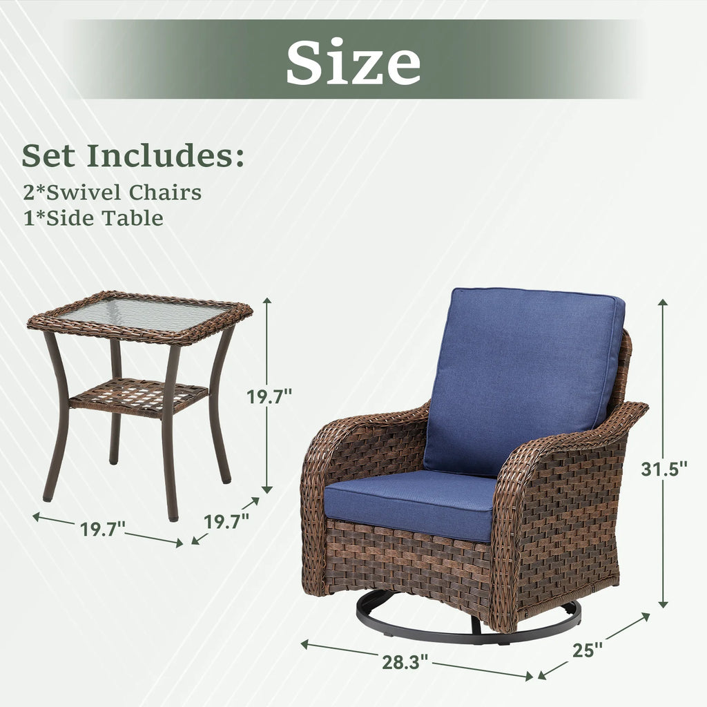 3 Pieces Durable Eco-Friendly Outdoor Furniture Set Swivel Gliders Rocker Wood Patio Bistro Side Table Porch Deck Backyard Hotel