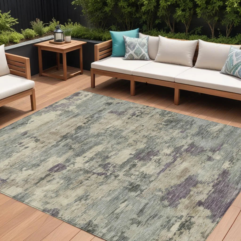 HMS 10' X 14' Abstract Indoor Outdoor Area Rug Sage Gray and Plum Washable Rubber Material