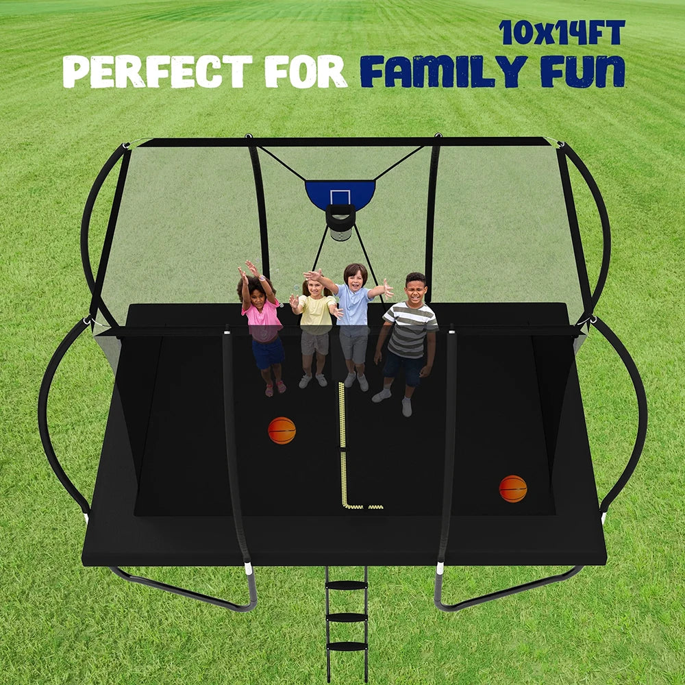 Zoshine Big Outdoor Rectangular Trampoline 10x14FT Trampoline with Basketball Hoop & LED Light for Kids & Adults