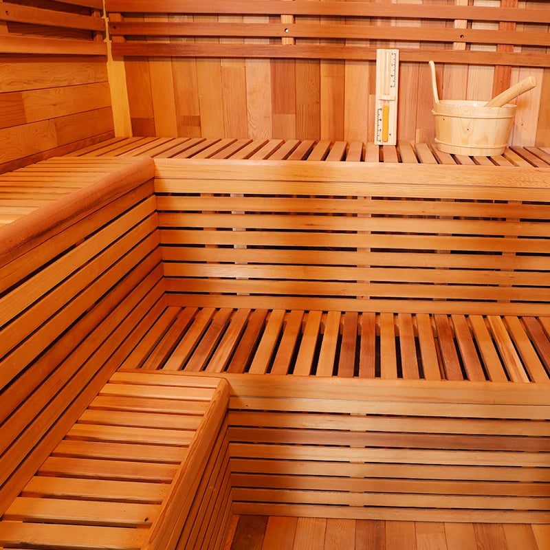 6 Person Outdoor Deluxe Sauna Red Cedar Wood Dry Steam Cabin for Family Garden