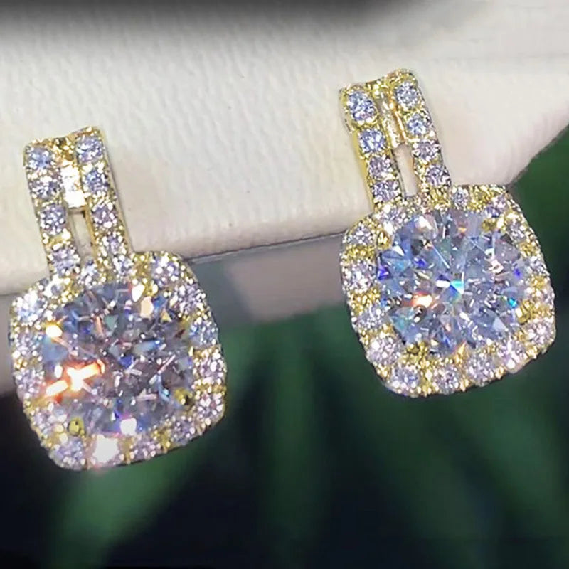 White Gold Princess Cut Zircon Stud Earrings Geometric Claw Setting Classic Women's Wedding Jewelry