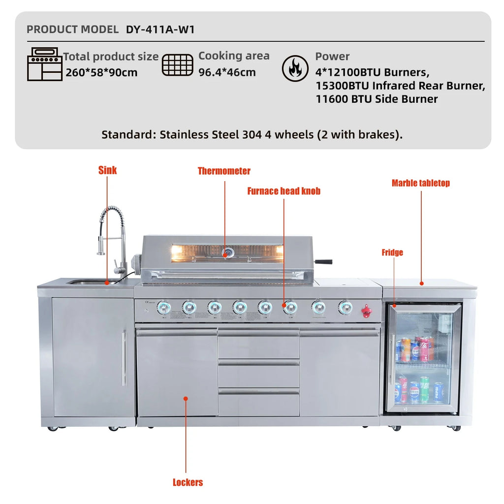 USA Warehouse In-Stock 304 Stainless Steel BBQ Gas Grill Station , Fitted Outdoor Garden Kitchen Setup Ideal for Gatherings