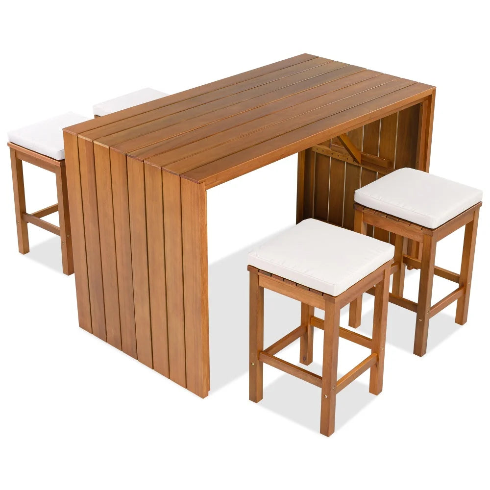 5 Piece Outdoor Bar Set,Patio Acacia Wood Bar Height Table & Four Stools with Cushions,Wood Dining Bar Set for Backyard,Balcony