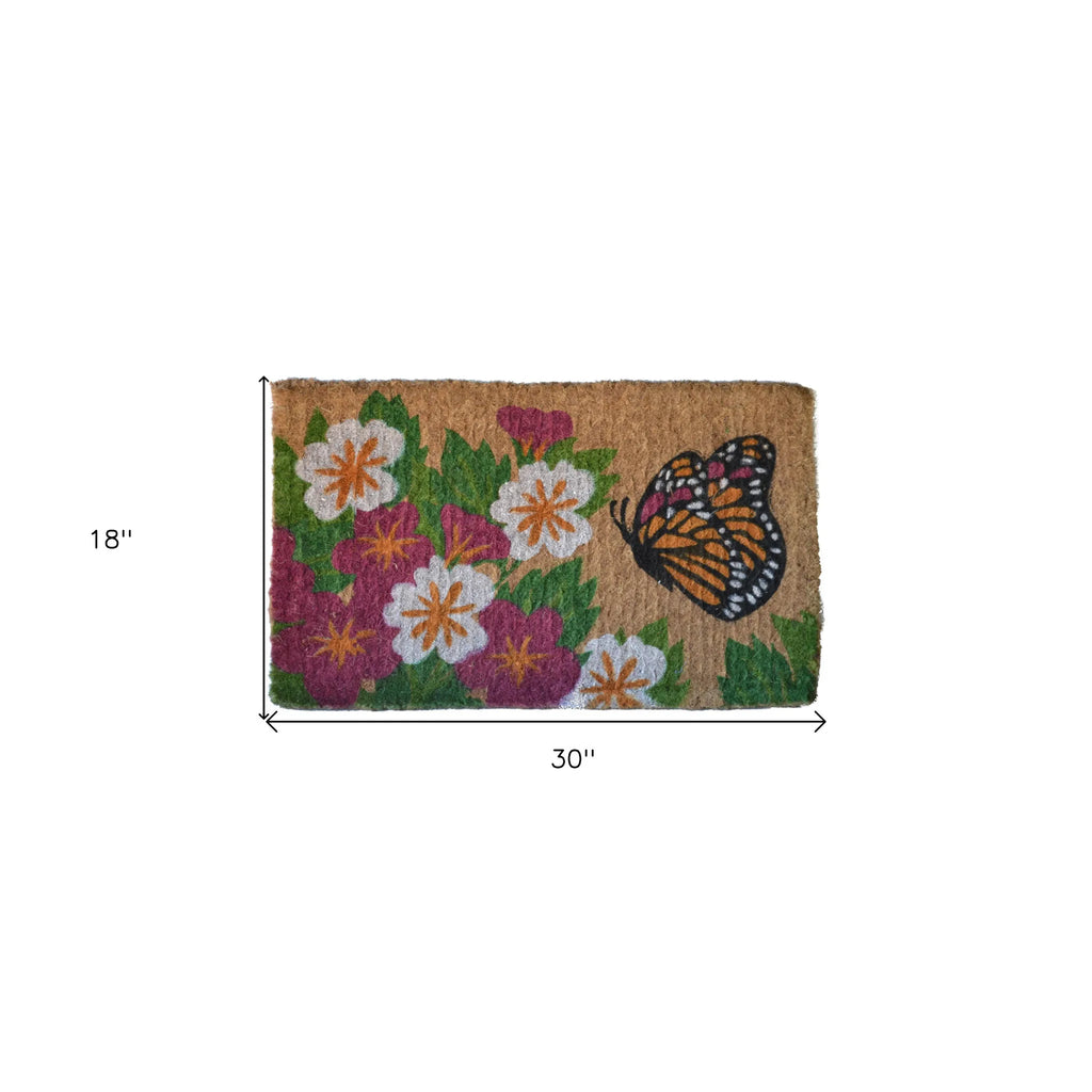 HMS 18\" X 30\" Brown and White Coir Floral Outdoor Door Mat