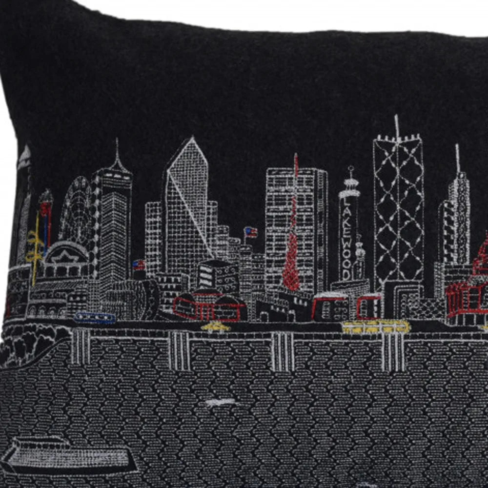 HMS 25\" Black Dallas Nighttime Skyline Decorative Lumbar Pillow Geometric Leaf Pattern Linen Fabric for Home Patio Outdoor Use