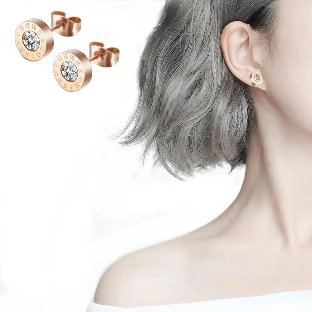 Showfay  Luxury Hypoallergenic  Stainless Steel Zircon Roman Numerals Stud Earrings for Women Man Jewelry