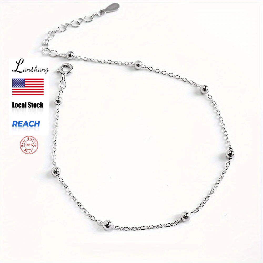 925 Sterling Silver Beads Anklet for Women Adjustable Foot Chain Hypoallergenic Summer Beach Jewelry Fine Anklets