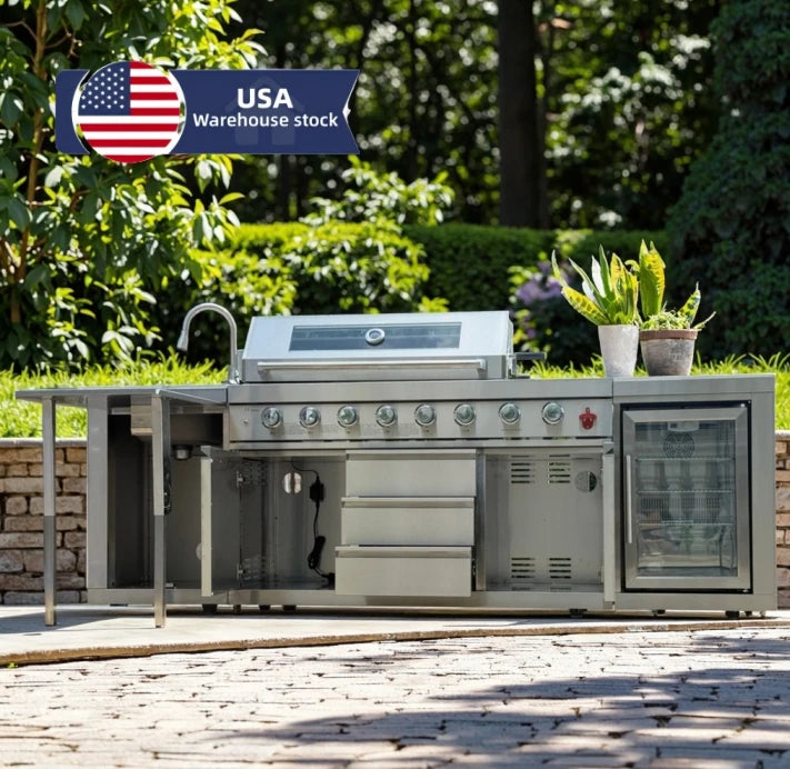 USA Warehouse In-Stock 304 Stainless Steel BBQ Gas Grill Station , Fitted Outdoor Garden Kitchen Setup Ideal for Gatherings
