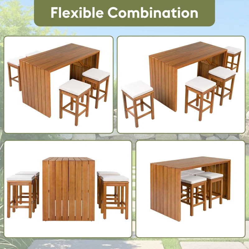 5 Piece Outdoor Bar Set,Patio Acacia Wood Bar Height Table & Four Stools with Cushions,Wood Dining Bar Set for Backyard,Balcony