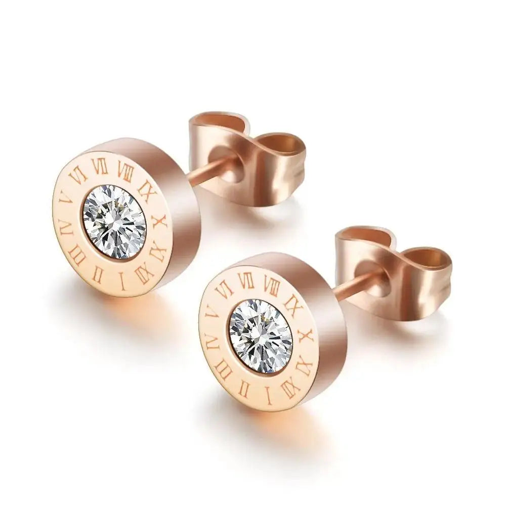 Showfay  Luxury Hypoallergenic  Stainless Steel Zircon Roman Numerals Stud Earrings for Women Man Jewelry