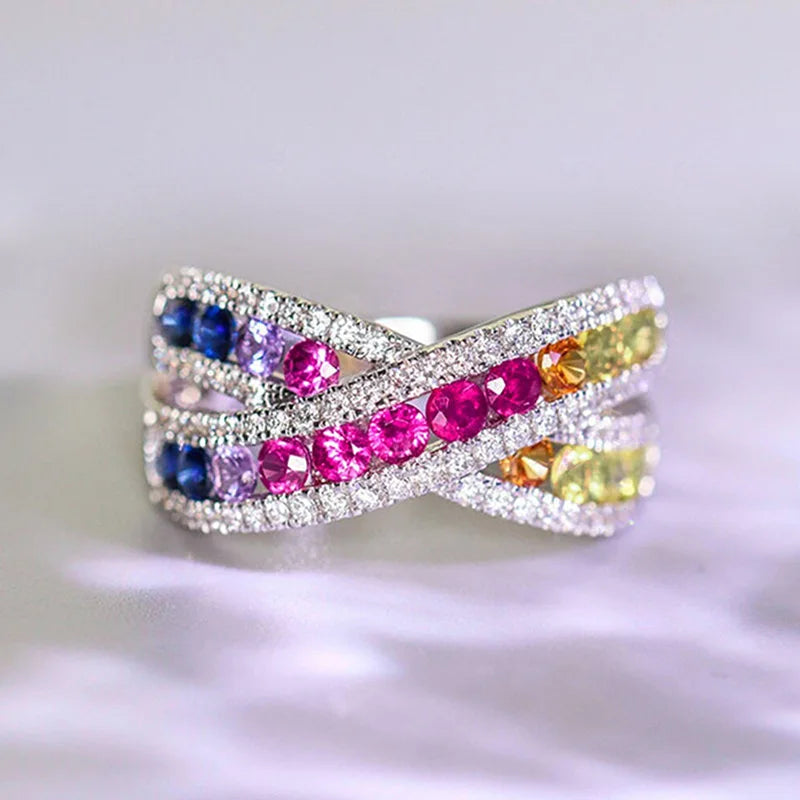 Colorful Crisscross Geometric Ring For Women Round Design Elegant Fashion Daily Jewelry