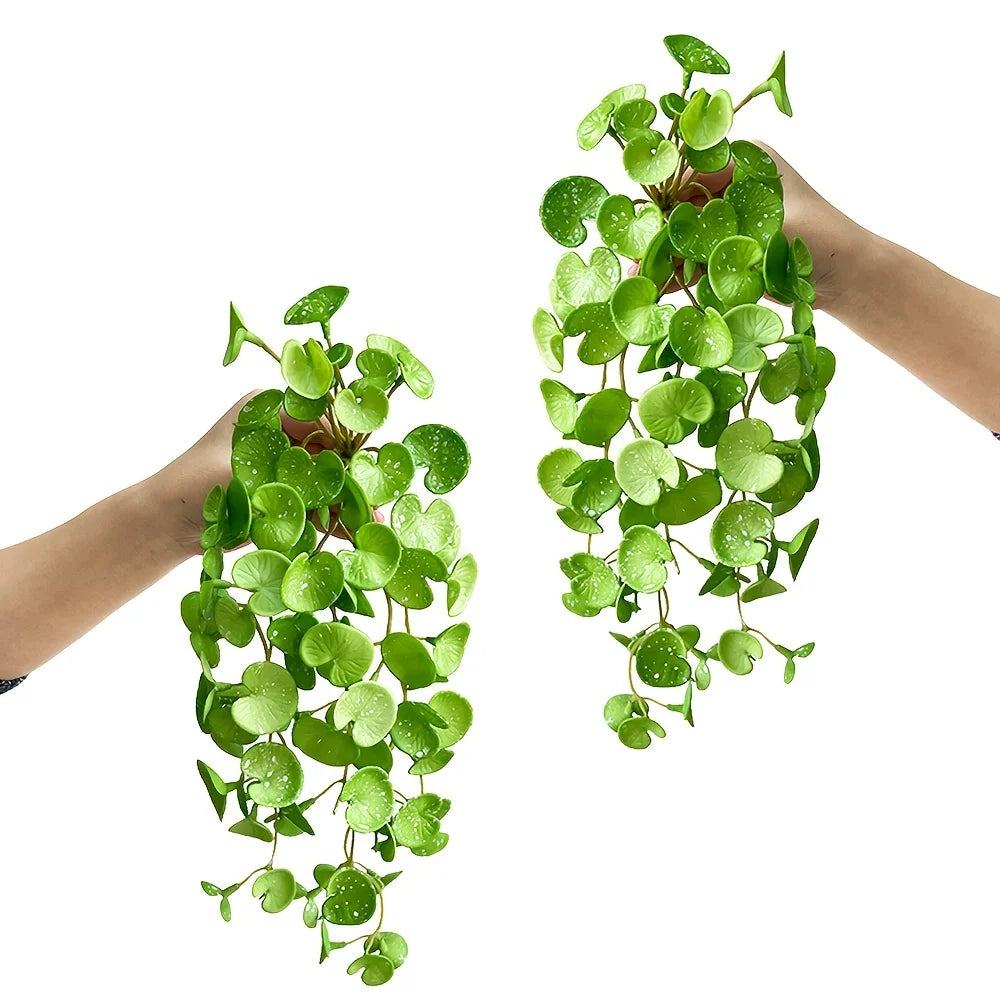2pcs Faux Monstera & Copper Coin Grass Hanging Plants - Artificial Greenery for Indoor/Outdoor Decor, Perfect for Weddings,