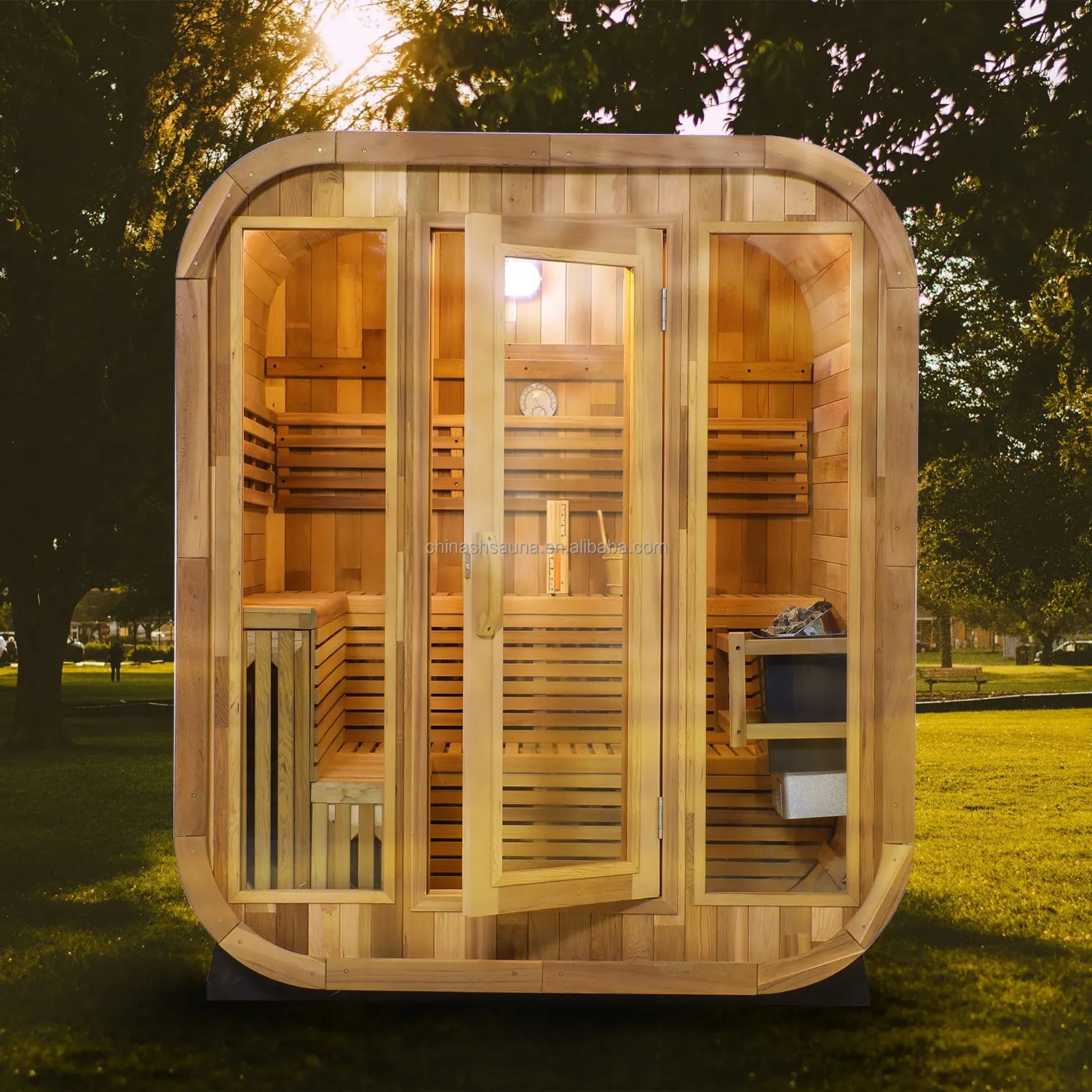 6 Person Outdoor Deluxe Sauna Red Cedar Wood Dry Steam Cabin for Family Garden