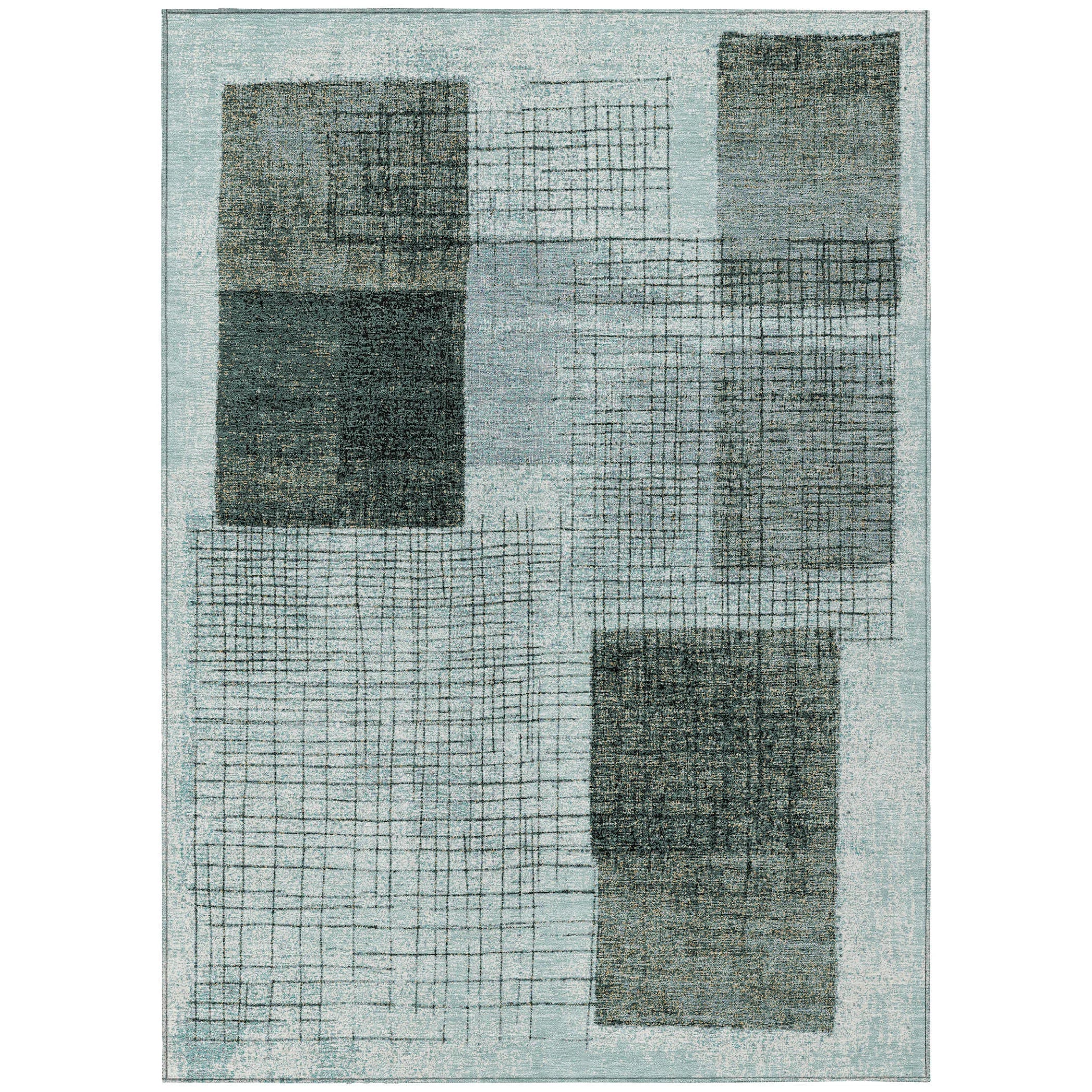 HMS 9' X 12' Teal Blue and Gray Geometric Indoor Outdoor Area Rug Washable Carpet