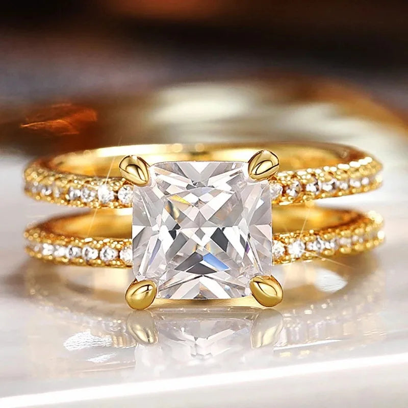 Q373 Women's 22k Gold Plated Princess Cut Lab Grown Diamond Ring with Side Stones Engagement Jewelry