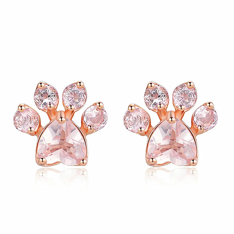 Rose Gold Plated Cat Paw Stud Earrings With Pink Crystal Heart Cut For Women Cute Animal Jewelry Gift Fashion Earrings