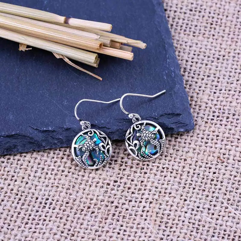 Vintage Turtle Shell Earrings Tibetan Silver Bezel Setting Women's Fashion Drop Earrings Animal Pattern Jewelry