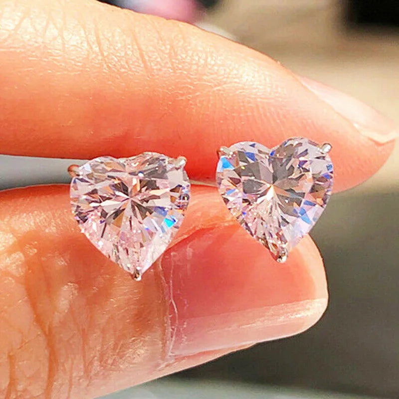 E1128 Heart Shape Blue Diamond Stud Earrings Claw Setting Women's Romantic Crystal Jewelry