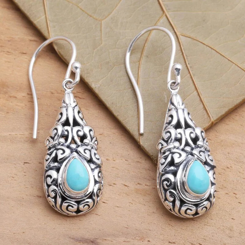 E4577 Vintage Drop Earrings Tibetan Silver Alloy Water Drop Shape Antique Silver Turquoise Bezel Setting Women's Fashion Jewelry